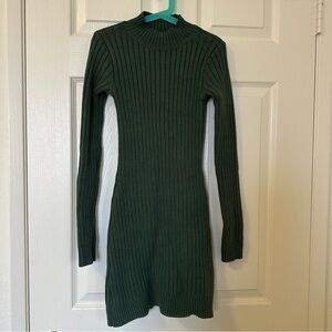 Hollister Ribbed Sweater Dress XS Short Green Mock Neck Bodycon Mini Cozy Fall